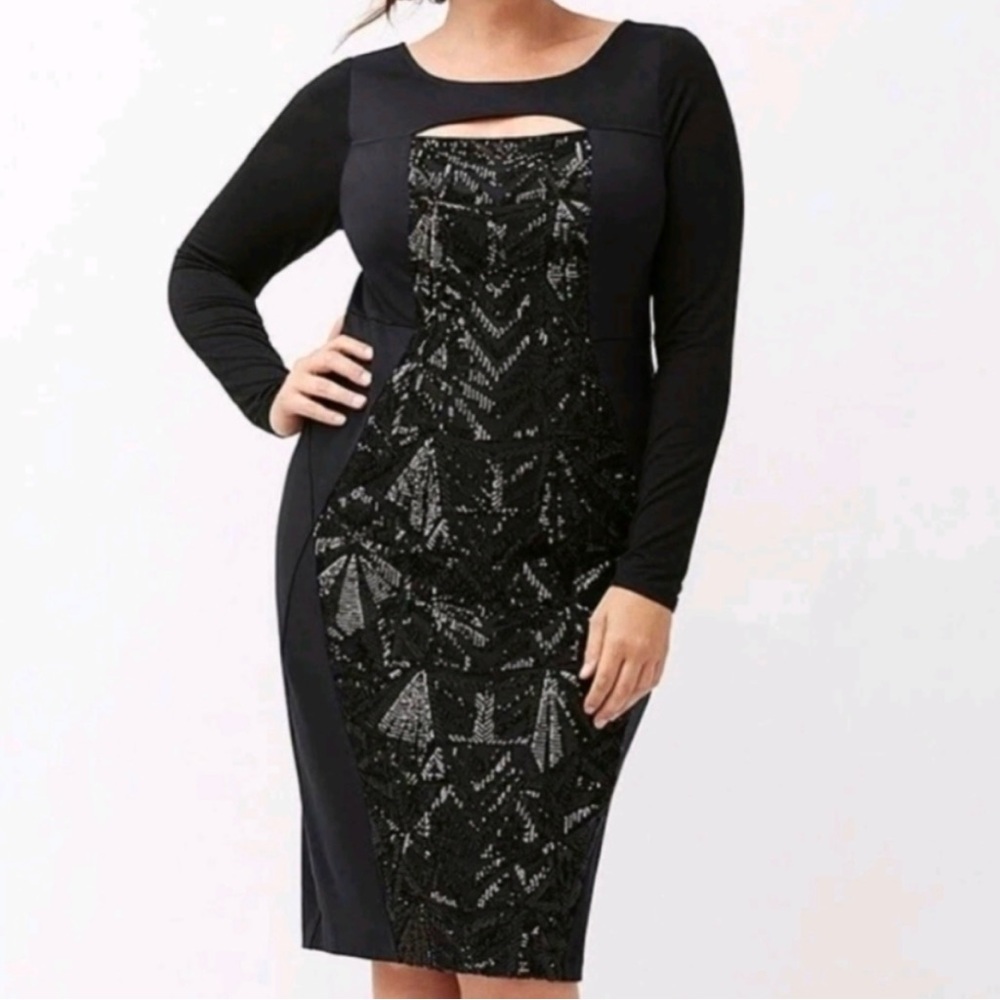 Lane Bryant • 24 • Sequin Front Round Keyhole Neck Black Long Sleeve Dress